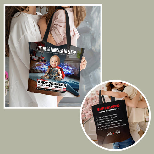 Personalized Baby Thor Superhero Tote Bag – Custom Photo, Name & Funny Message for Mom